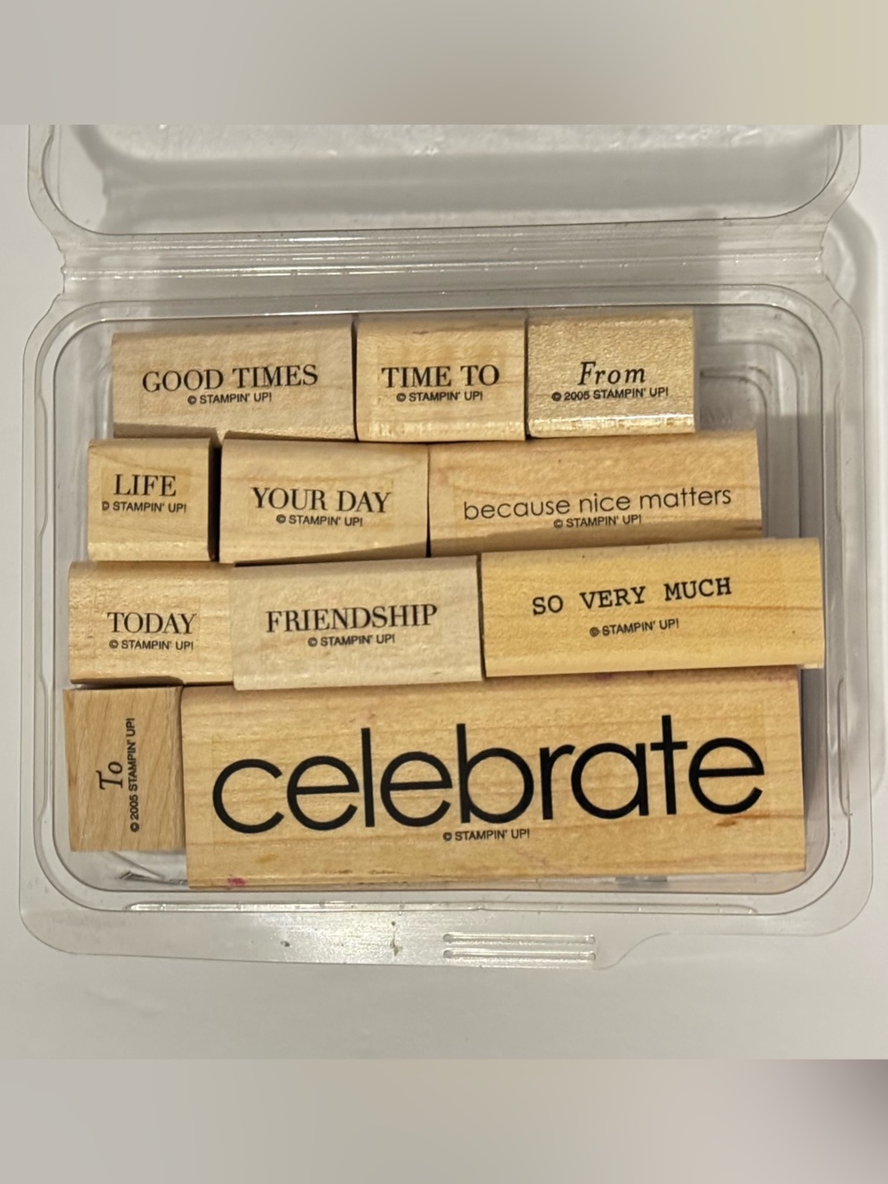 Stampin' Up! 'Celebrate' Wood Rubber Stamp Set - Natural Wood 11 stamps